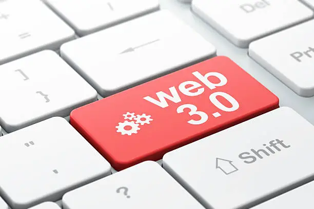 Web development concept: computer keyboard with Gears icon and word Web 3.0, selected focus on enter button, 3d render