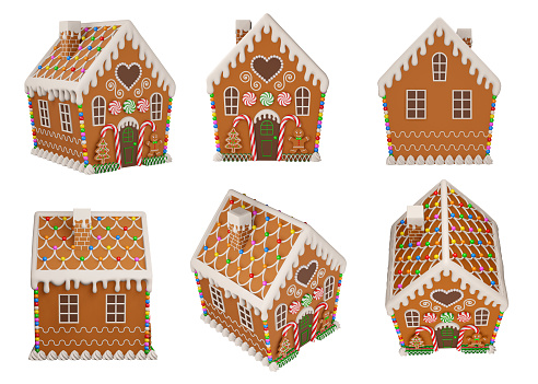 Stock photo showing close-up view of a snowy clearing, conifer forest scene. A homemade, gingerbread house decorated with white royal icing surrounded by model fir trees on white, icing sugar snow against a snowy blue background.