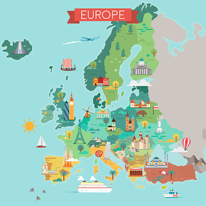 Map of Europe with countries names Tourist map. Flat style illustration