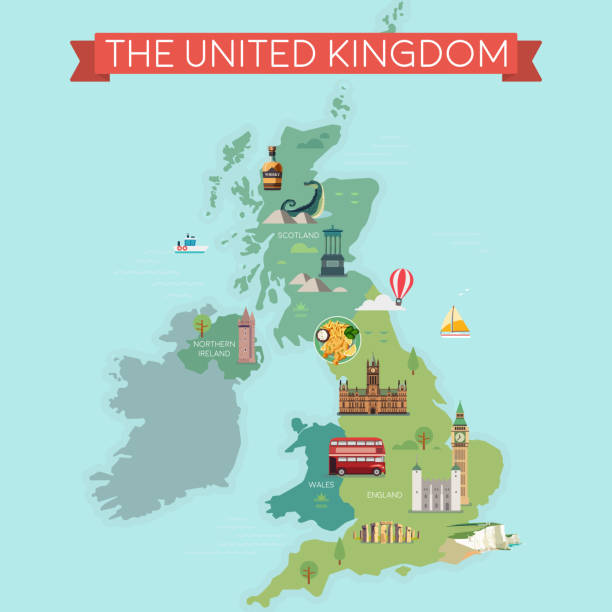 Map of Great Britain, Map of Great Britain, United Kingdom with famous landmarks. north downs stock illustrations