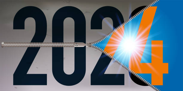 ilustrações de stock, clip art, desenhos animados e ícones de greeting card with a zipper opening on the year 2024. - anticipation