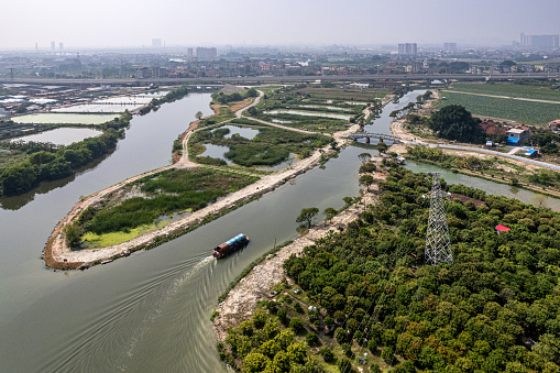 Aerial view of the park grass and trees by the river