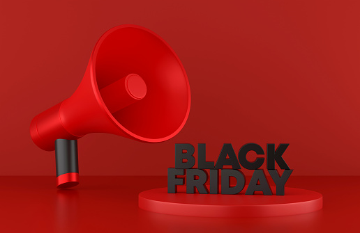 Black Friday Text On Red Stage With Megaphone. Sale and communication concept.