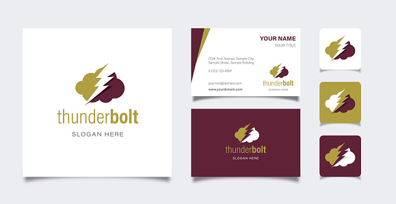 Cloud and thunderbolt flash storm design with business card template