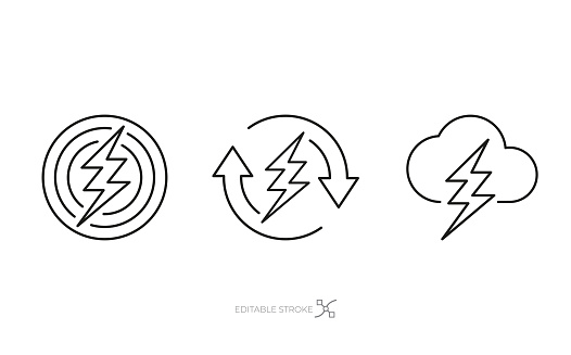 Thunderbolt, electricity, energy line icon set. Editable stroke