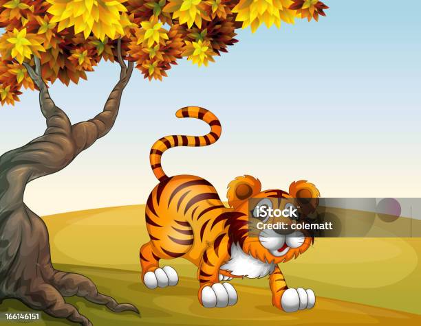 Tiger In A Jumping Position Near The Big Tree Stock Illustration - Download Image Now - Animal, Autumn, Blue