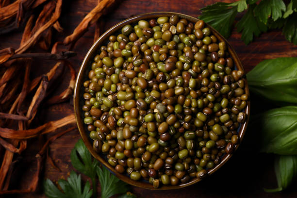 grüne linsen oder chana dal - cardamom cinnamon mortar and pestle herb stock-fotos und bilder