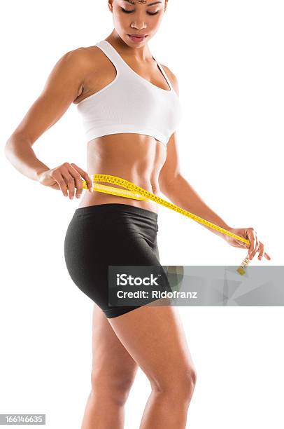 Closeup Of Female Abs Stock Photo - Download Image Now - Tape Measure, Teenage Girls, White Background