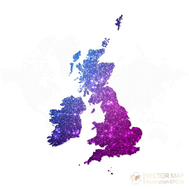 ilustrações, clipart, desenhos animados e ícones de mapa do reino unido em wireframe geométrico azul com gráfico de gradiente de estilo poligonal roxo no fundo branco - joining the dots (expressão inglesa)