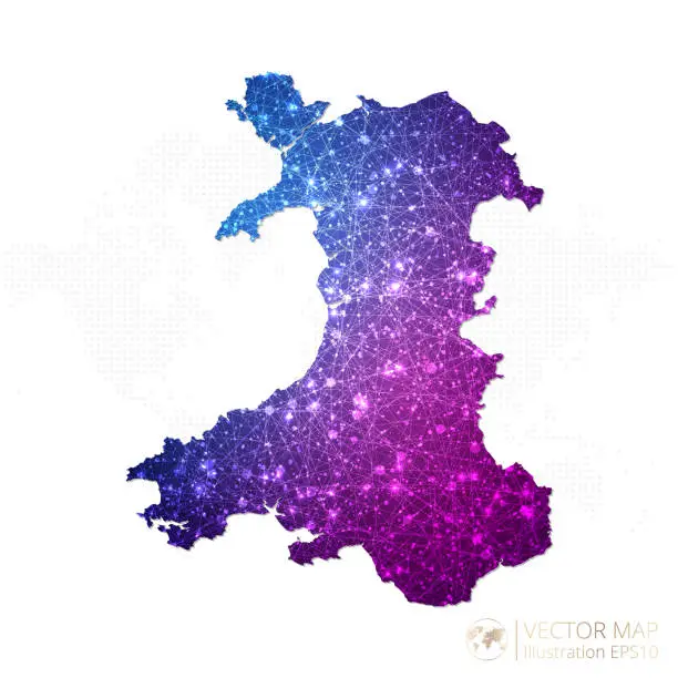 Vector illustration of Wales map in geometric wireframe blue with purple polygonal style gradient graphic on white background