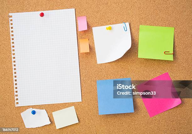 Colour Note Papers On Pin Board Cork Background Stock Photo - Download Image Now - Advice, Attached, Bulletin Board