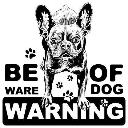 Vector black dog French Bulldog. Caption Warning. Beware of dog