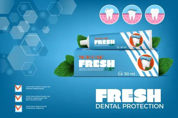Vector illustration of Dental protection. Toothpaste ad banner. Box package and tube. Ointment mockup. 3D herbal cream for toothbrush. Teeth care. Health and beauty smile. Vector realistic design promotion poster