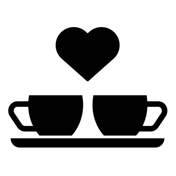 Vector illustration of Heart and two coffee cups solid icon. Two mugs and heart vector illustration isolated on white. Romantik drink glyph style designed for and app. Eps 10.