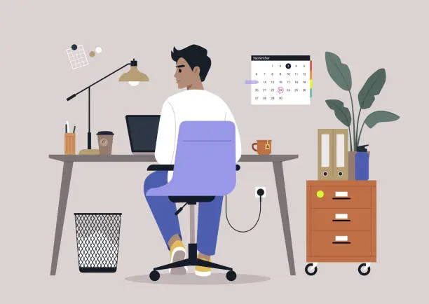 Vector illustration of A young character diligently using their computer at a desk, viewed from behind
