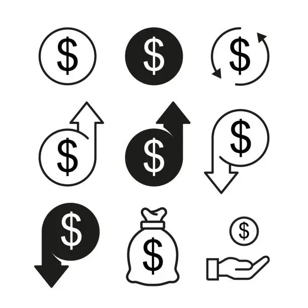 Vector illustration of Dollar currency increase, decrease, savigs and investings icon set, USD money rate growth