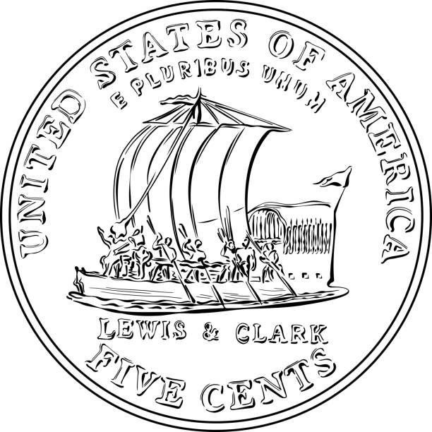 Vector American coin Lewis and Clark five cents Jefferson nickel, American money, USA five-cent coin with keelboat of Lewis and Clark Expedition on reverse. Black and white image keel-boat stock illustrations