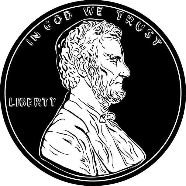 Vector American money gold coin one cent, penny American money, United States one cent or penny, President Lincoln on obverse. Black and white image background of a euro coins stock illustrations