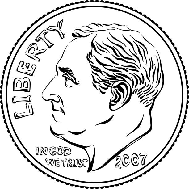 United States dime coin obverse American money Roosevelt dime, United States one dime or 10-cent silver coin with President Franklin D Roosevelt on obverse. Black and white image background of a euro coins stock illustrations