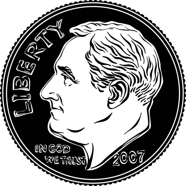 United States dime coin obverse American money Roosevelt dime, United States one dime or 10-cent silver coin with President Franklin D Roosevelt on obverse. Black and white image background of a euro coins stock illustrations