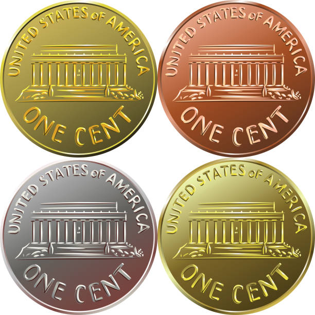 vector amerykańskie pieniądze złota moneta jeden cent, grosz - shopping mall stock illustrations