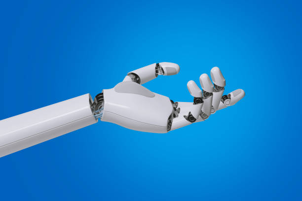 istock Robotic hand with palm up isolated on blue background. 3d illustration. 1661477491