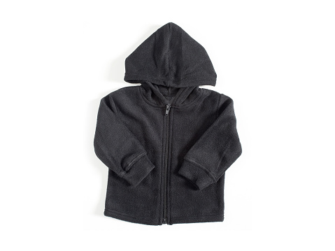 Black small kids fleece hoodie on a white background with a clipping path.