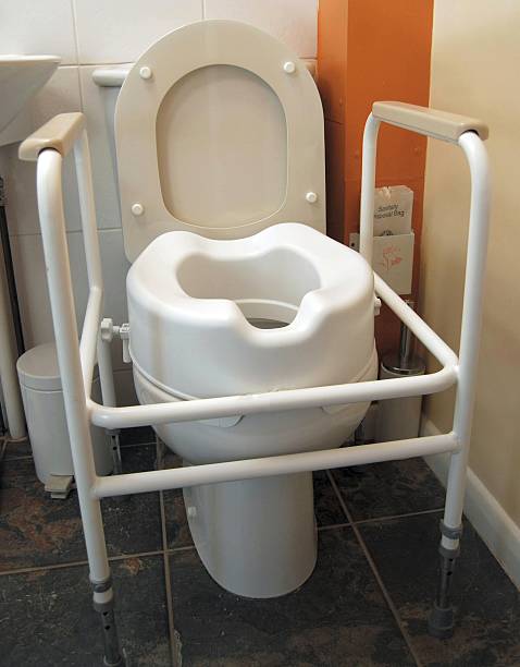 istock Disabled toilet with handles and raised seat 166150544