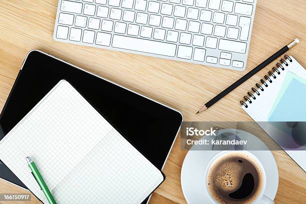 Office Supplies Gadgets And Coffee Cup Stock Photo - Download Image Now - Above, Blank, Breakfast
