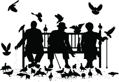 Editable vector silhouettes of three elderly people on a park bench feeding pigeons with all elements as separate objects