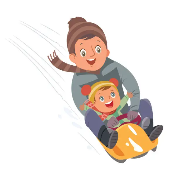 Vector illustration of Father and child sledding in a snowy park