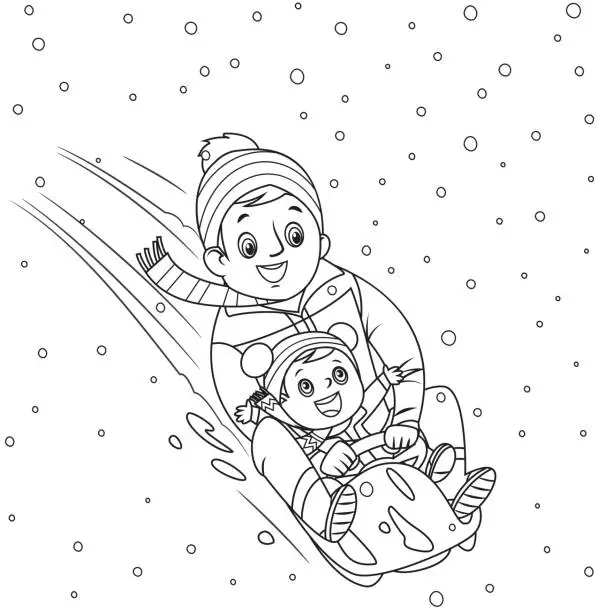 Vector illustration of Father and his little boy going down in sleigh