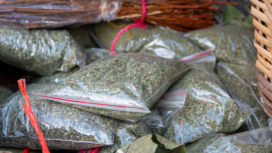 Packages of freshly dried and ground mint from the gardens of Gokceada are waiting to be sold. Canakkale, Turkey