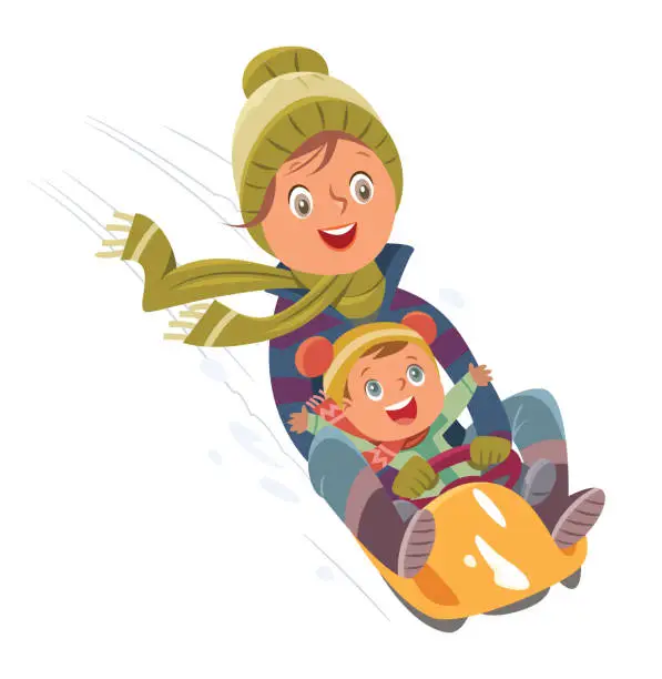 Vector illustration of Mother and child sledding in a snowy park