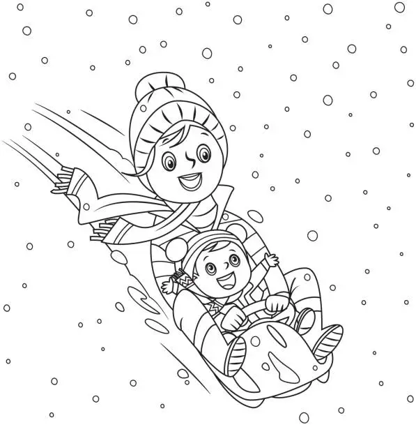 Vector illustration of Mother with little boy going down in sled