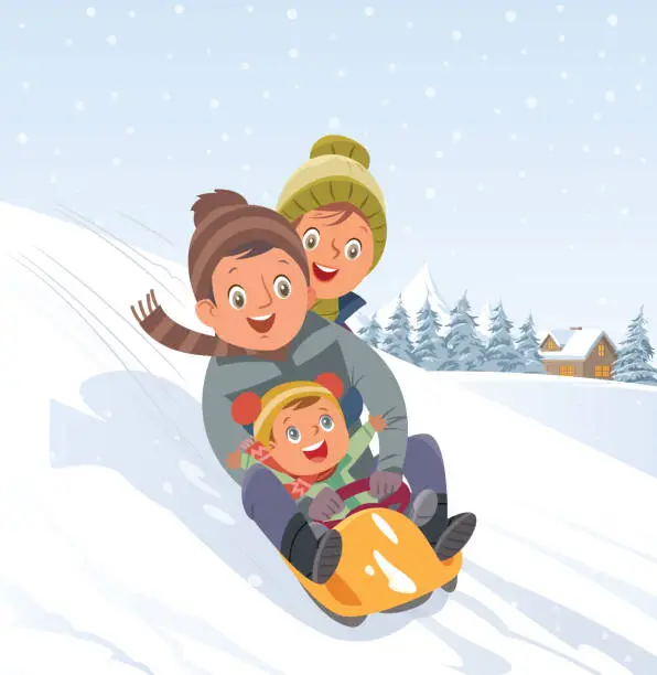 Vector illustration of Family Sledging Through Snowy Woodland