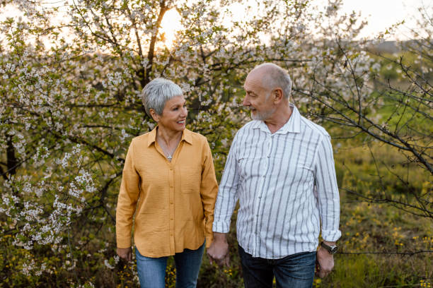 istock Senior couple enjoying walk in orchard in sunset 1661533072