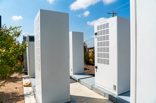 Austin , Texas , USA - September 5th 2023: Electrify America Charging Stations battery storage units providing large amounts of electricity for the fast charging stations