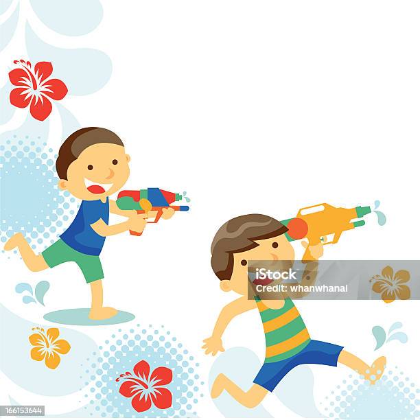 Ilustración de Niños Jugando Con Una Pistola De Agua y más Vectores Libres de Derechos de Pistola de agua - Pistola de agua, Año nuevo budista, Celebración - Ocasión especial