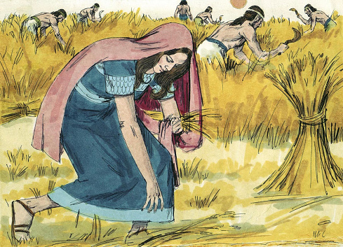 Following the death of their husbands, Ruth accompanies her mother-in-law, Naomi, back to the land Naomi was from. Ruth worked in a barley field to support them. The story is in the book of Ruth in the Old Testament.