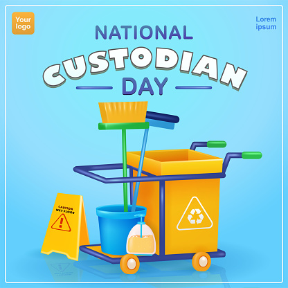 National Custodian Day.  Broom, cleaner, trash can, glass cleaner soap, bucket and floor warning bar. 3d vector, suitable for events
