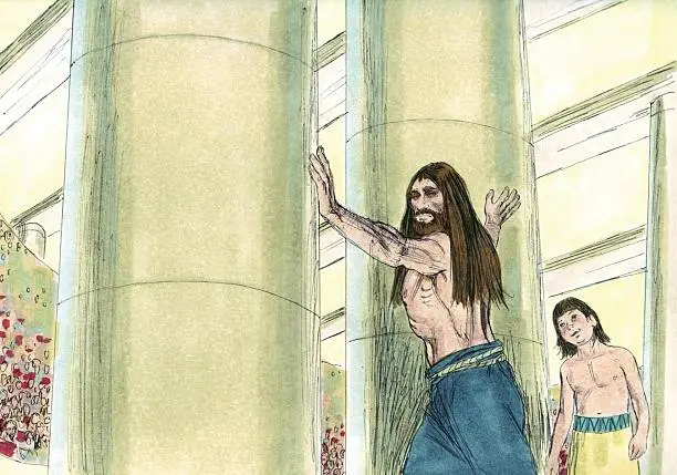 Samson was a strong man deceived by Delilah into revealing that his strength came from his hair. She cut it. He was weak and eventually lost his vision. He was take to the temple and placed between two pillars. God restored his strength and Samson destroyed the temple by toppling the two pillars. This story is in Judges 16 in the Old Testament.