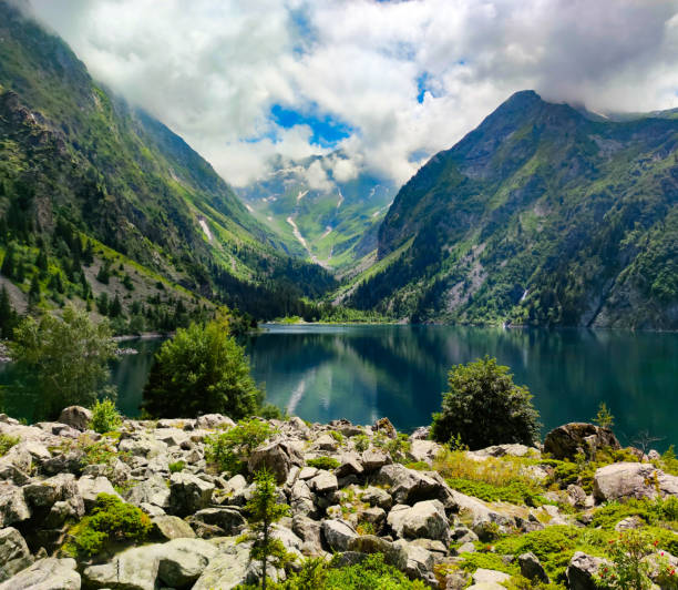 a blue lake in France in the mountains