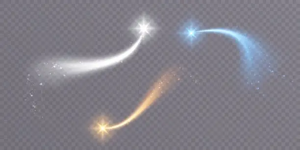 Vector illustration of Golden magic comet with lots of sparkling dust shimmering light effects. Magic golden wind for web design and fabulous decoration. vector png