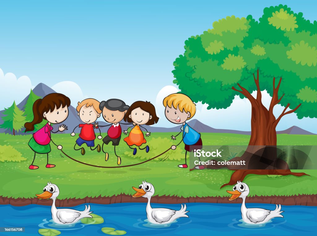 Jouant enfants et des canards dans l'eau - clipart vectoriel de Adolescent libre de droits