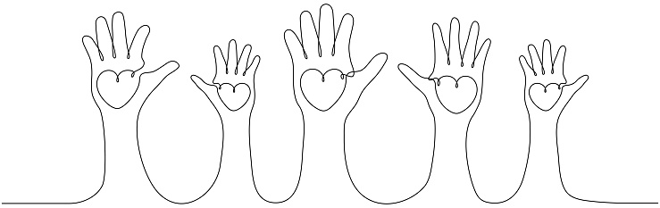 Continuous one line drawing family hands hold hearts. Mother, father and child. Parents and children love concept. Volunteers group. Vector isolated on white.