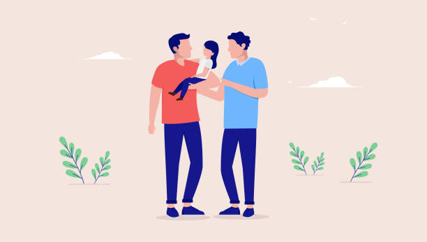 Gay couple with child Two men standing outdoors holding a kid and being happy. Flat design vector illustration with beige background gay daddy stock illustrations