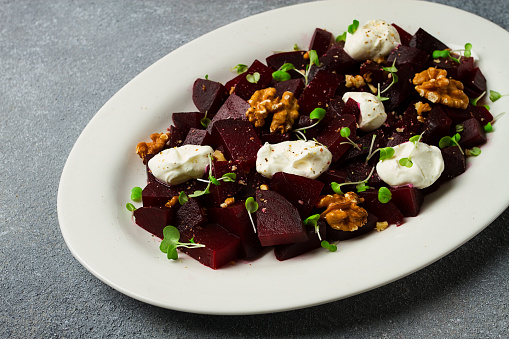 beetroot salad with nuts, cream cheese and micro greenery, homemade, no people,