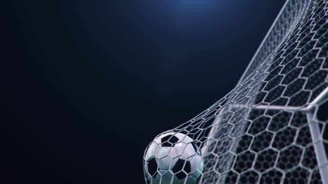 Soccer ball gracefully soars into the goal in slow motion, bending the net against a backdrop of flares. The ball rotates as it makes its way to the net, capturing a moment of football delight in 3D 4K animation