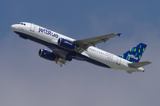 Los Angeles, California, United States: jetBlue Airways Airbus A320-232 jet with registration N591JB shown airborne.